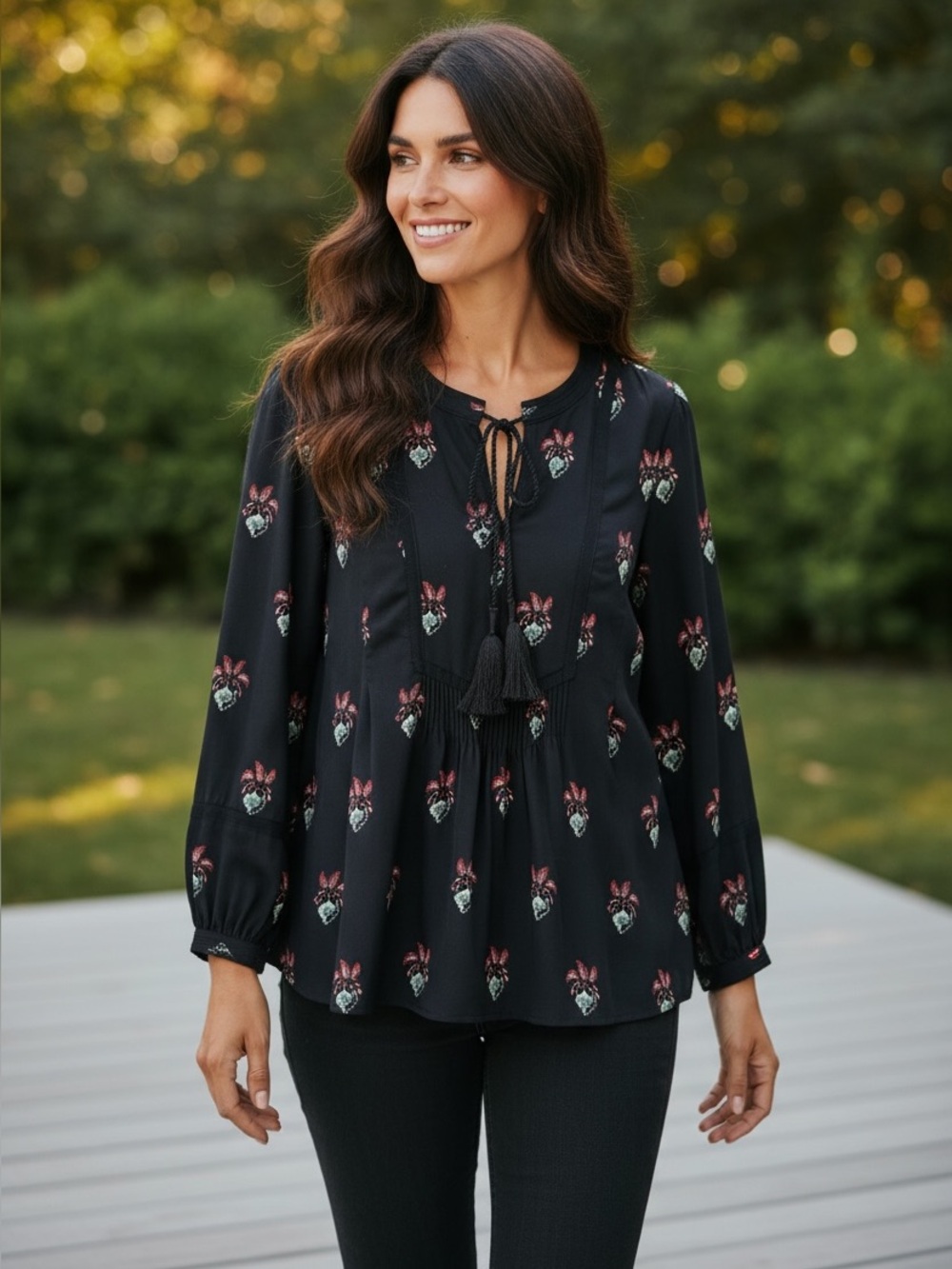 A.L.C. Hari Black Floral Tie-Front Silk Tunic Top Blouse size 6